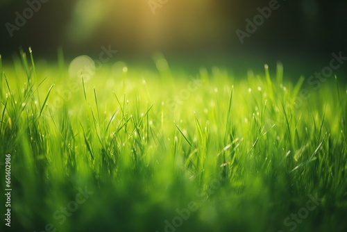 Vivid green grass with open area for text, defocused background. Generative AI