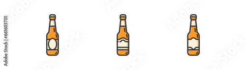 Glass bottle beer icon set on white background. Alcohol drink symbol. Pub  bar  cold beverage. Outline flat and colored style vector illustration.