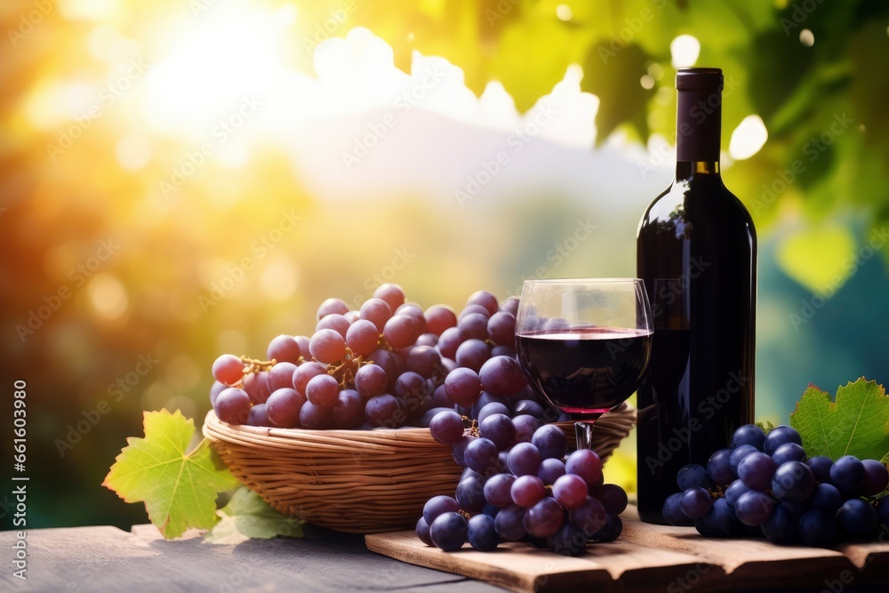 A bottle of red wine, glass of wine, wicker basket with beautiful grapes on wooden table made of boards. Grape plantation bokeh background, sunset lighting. Good harvest