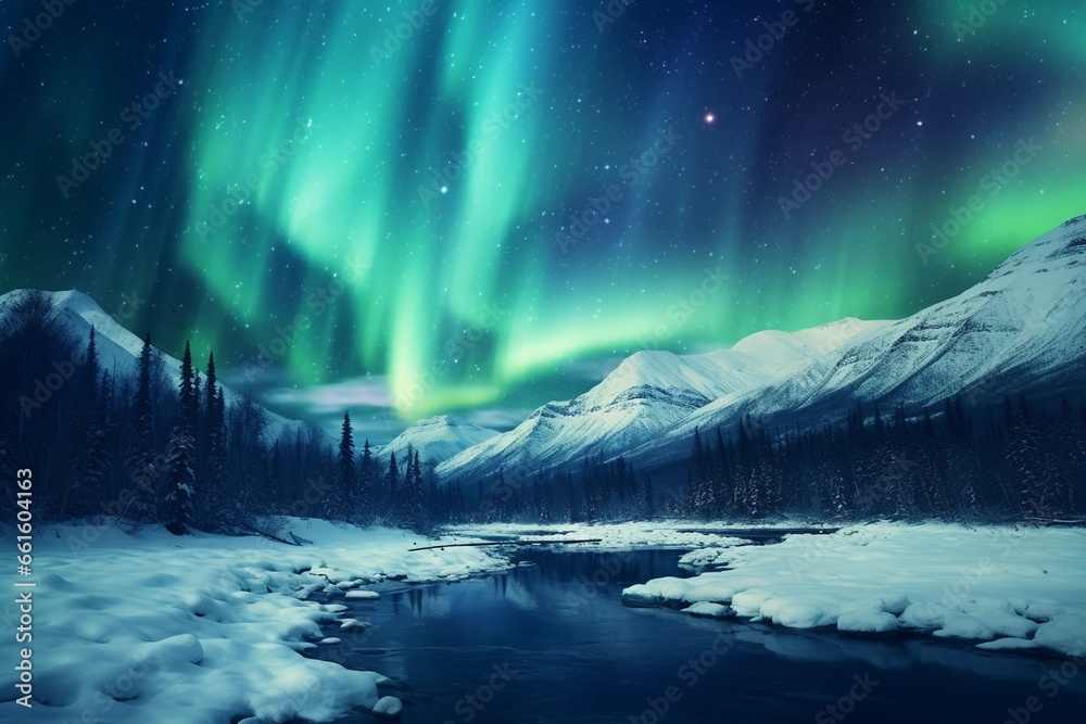 Northern lights in the mountains. Beautiful winter night landscape. Aurora Borealis.