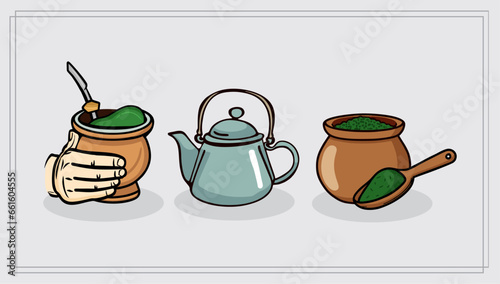 Chimarrao - Traditional mate tea set. Vector ink hand drawn sketch style illustration - Yerba, erva