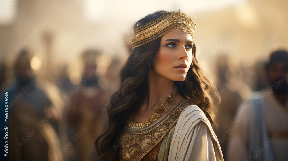 Esther in her royal attire, Biblical characters, blurred background Esther in her royal attire, Biblical characters, blurred background