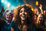 Young woman experiencing joy in a crowd at a festival.
