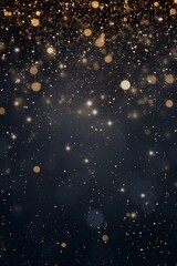 Abstract festive dark background with gold glitter and bokeh. New year, birthday, holidays celebration.
