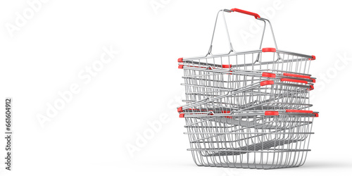 Fotografie Stavk of metal wire basket from supermarket for online shopping on white
