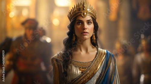 Esther in her royal attire, Biblical characters, blurred background photo