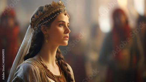 Esther in her royal attire, Biblical characters, blurred background