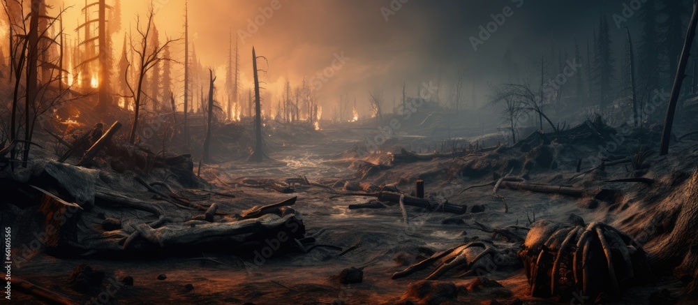 Global environmental concerns highlighted in a burnt aftermath
