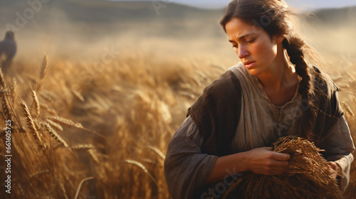 Ruth gleaning in Boaz's field, Biblical characters, blurred background