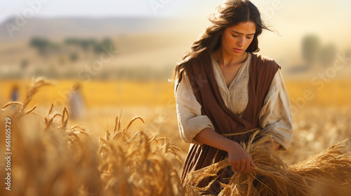 Ruth gleaning in Boaz's field, Biblical characters, blurred background photo