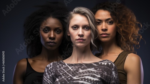 group of multiracial serious adult women looking at camera on black background, studio shot, multi-ethnic people concept photo