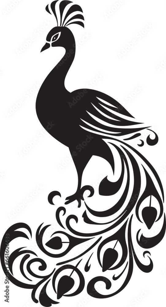 Obraz premium Mysterious Serenade Peacock Heraldry in Vector Ebon Intrigue Unleashed Black Vector Icon