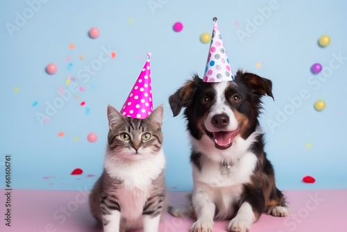 Happy Dog and Cat at Birthday Party with Copy Space