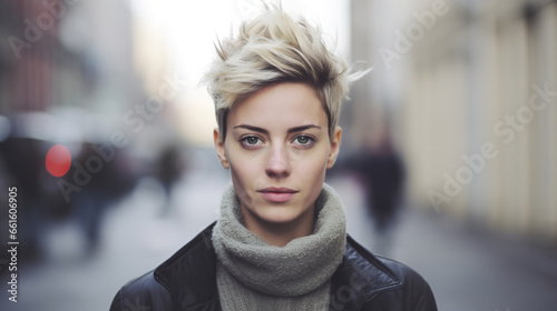 portrait of short hair lesbian or lgbt young woman, stylish hipster female face