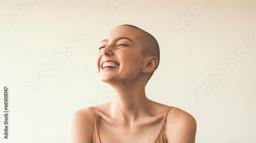 happy smiling bald woman studio shot, hairless woman after cancer recovery photo