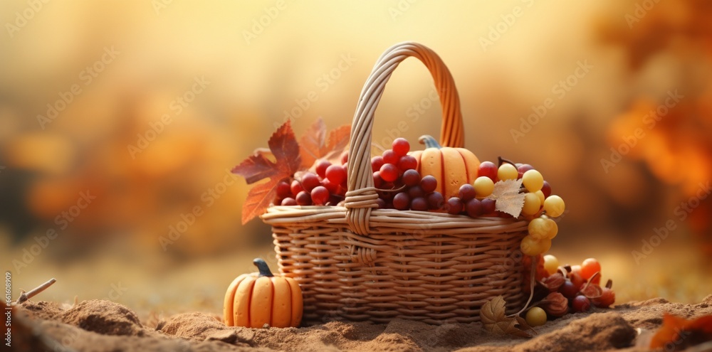 A basket containing autumn food with the words happy thanks giving day, Thanks giving day background, thanksgiving day background A basket containing autumn food with the words happy thanks giving day, Thanks giving day background, thanksgiving day background