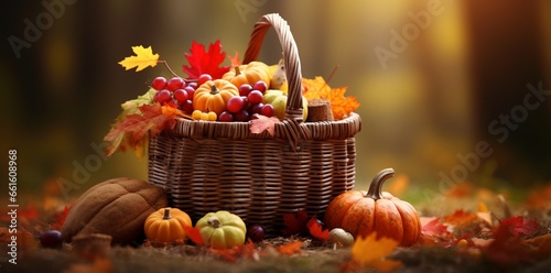A basket containing autumn food with the words happy thanks giving day, Thanks giving day background, thanksgiving day background