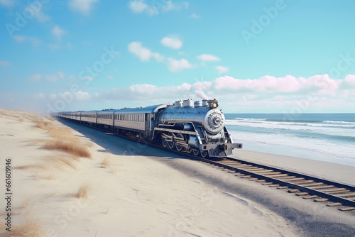 Coastal Journey: Silver Train on Expansive Beach