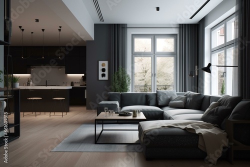 A modern and simplistic living space with clean lines and minimalistic decor. Generative AI