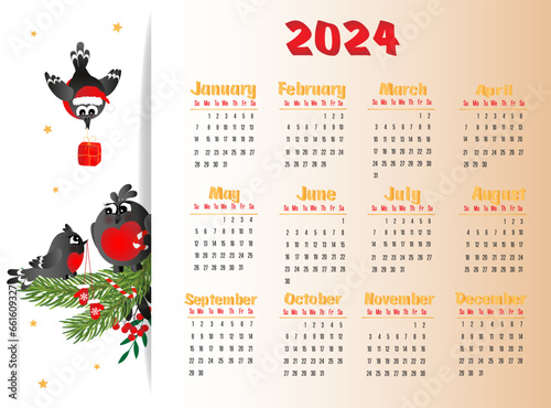 Calendar 2024 with family of bullfinchers in cartoon style. Week starts on Sunday.