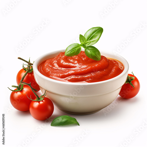 Fresh, organic tomato puree, isolated on white. Tomato cherry sauce in bowl, cooking concept. Healthy vitamin vegetables, vegan diet food condiment. Raw tasty cherry ketchup.