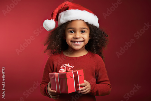 niña con gorro de papa noel sosteniendo un paquete regalo entre sus manos sobre fondo rojo photo