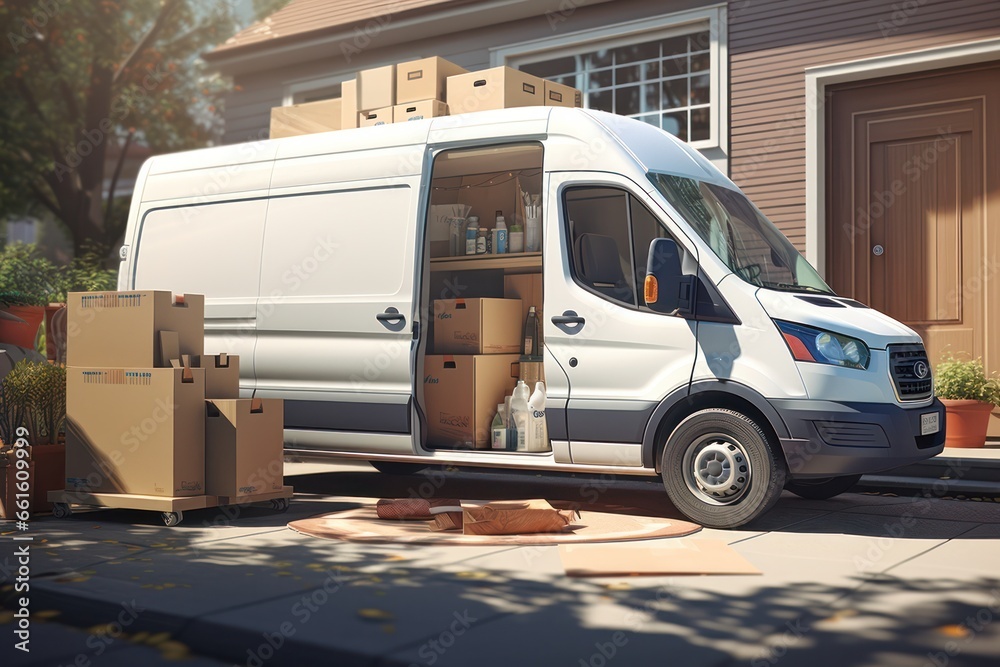 Driveway scene: delivery van filled with furniture, ready for unloading
