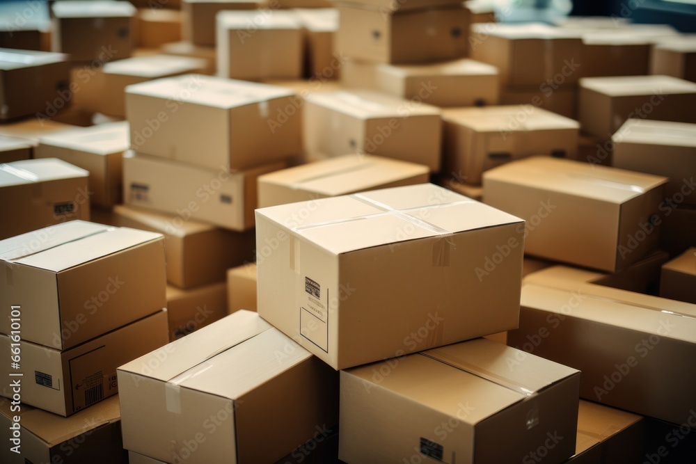 Detailed view: stacked cardboard boxes, online shopping or moving day theme - obrazy, fototapety, plakaty 