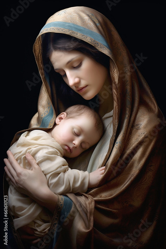 In this timeless image, the Virgin Mary's loving embrace of baby Jesus evokes the heartwarming and transcendent connection of motherhood. (AR 2:3)