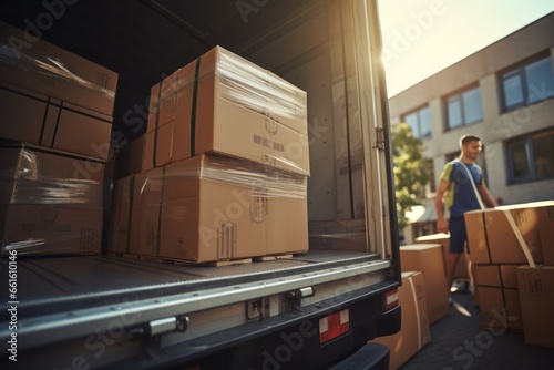 New home beckons: moving van door open with stacks of belongings © olga_demina