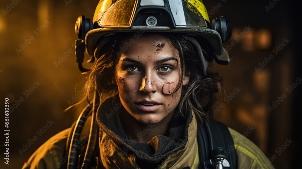 strong and serious firefighter woman looking at camera, fire fighter female portrait strong and serious firefighter woman looking at camera, fire fighter female portrait