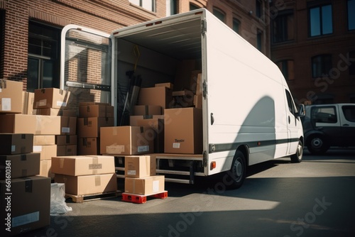 Open moving truck showcasing packed boxes, heralding a new home journey © olga_demina
