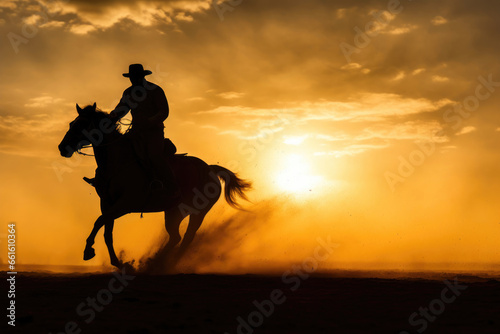 Lone Cowboy on Horseback, Sunset Serenity © Andrii 