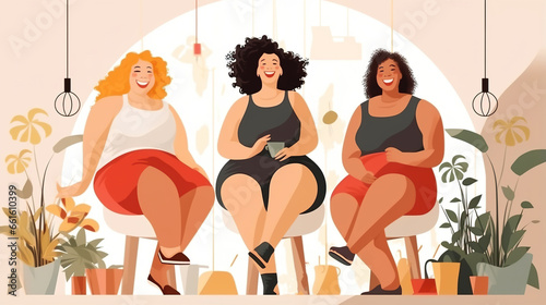 group group of body positive woman sitting and have conversation  plus size female concept  body confident