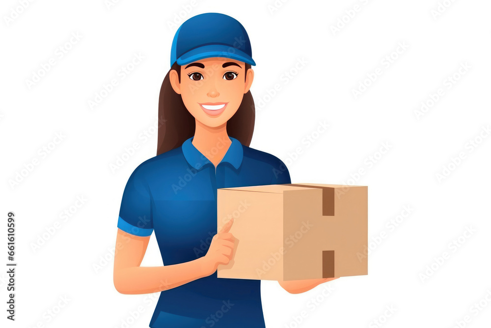 Smiling Female Courier in Blue Shirt and Cap, Delivering Package Smiling Female Courier in Blue Shirt and Cap, Delivering Package