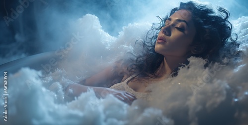 beautiful woman taking bath with foam or froth at bathtub, relax and enjoyment
