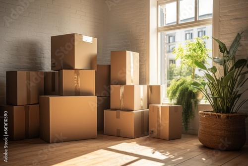 Moving day anticipation  boxes and home elements set in a pristine white room