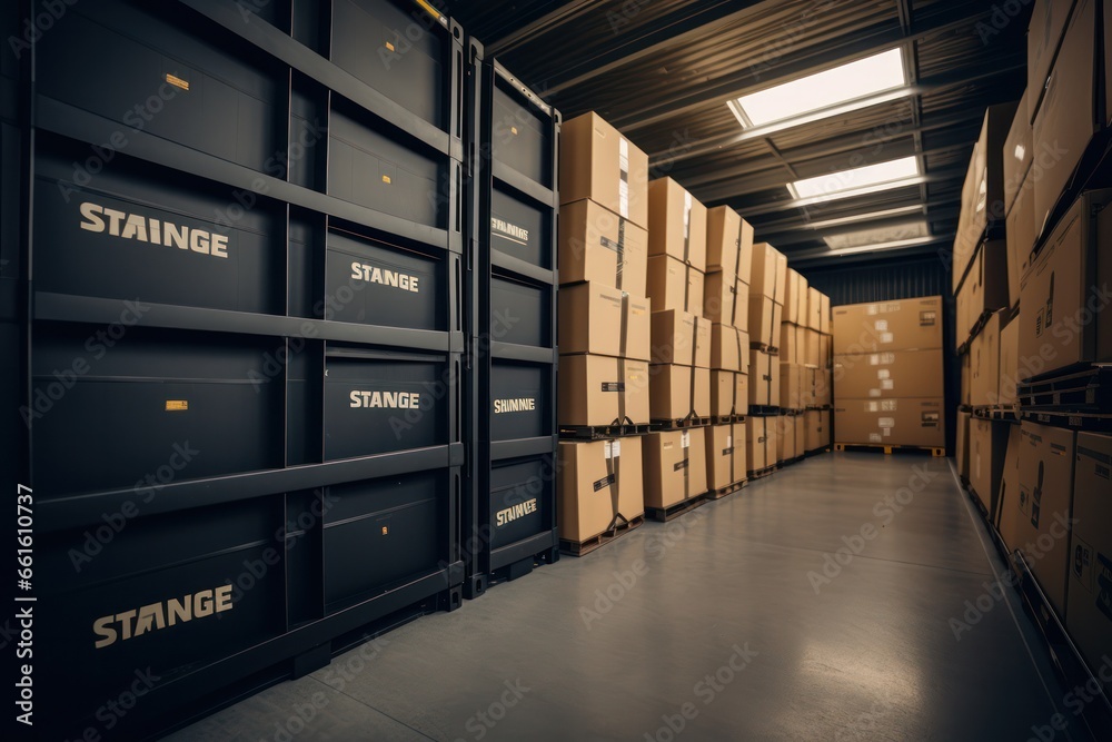 Moving maze: Rows of shelved parcels in storage space during a move