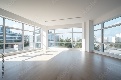 Lustrous white canvas  Modern apartment highlighting minimalism through vast windows