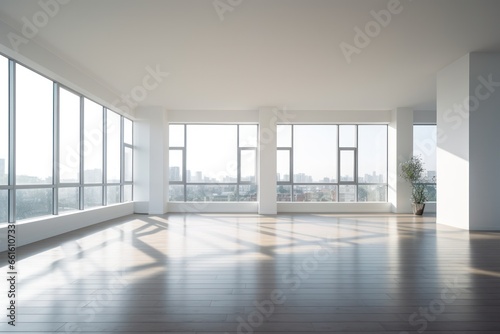 Architectural wonder: Modern apartment, vast windows emphasizing minimalist design potential