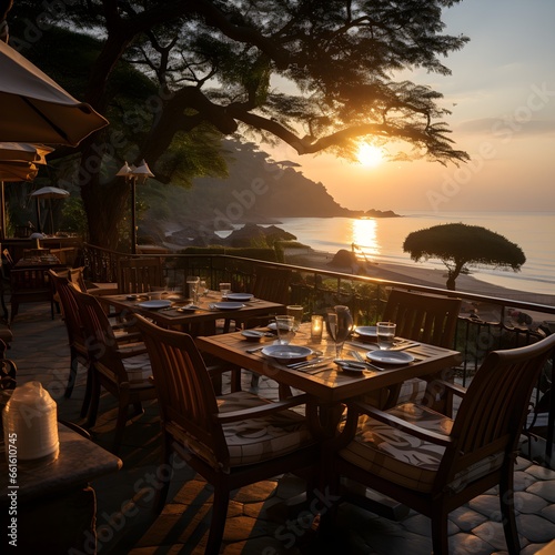 Background of the beautiful coast of Wietnam at sunset on the restaurant terrace