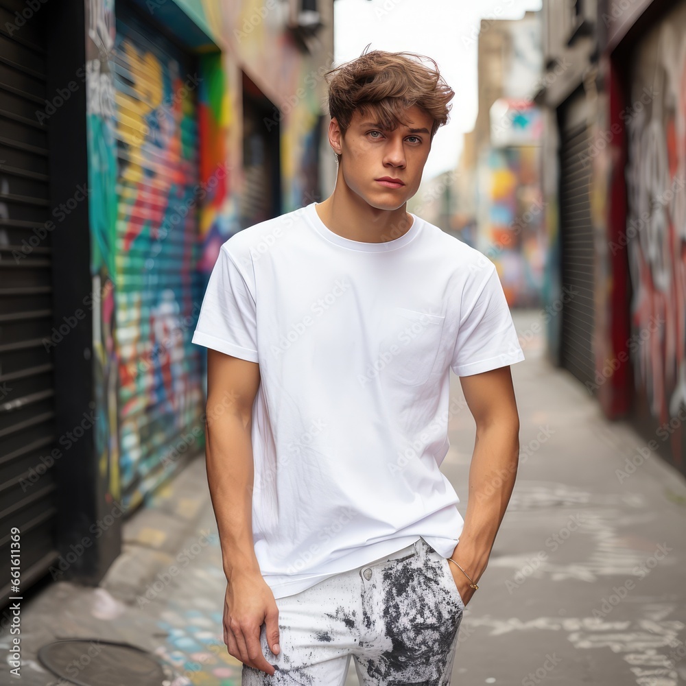 Man in a white T-shirt against the background of the city - generative ai Man in a white T-shirt against the background of the city - generative ai