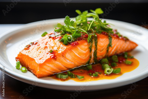 Close-up of Gourmet Keto Salmon with Spicy Sriracha
