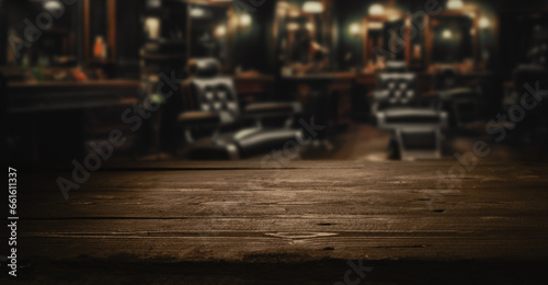 empty wooden tabletop for product display on blurred dark barbershop interior background