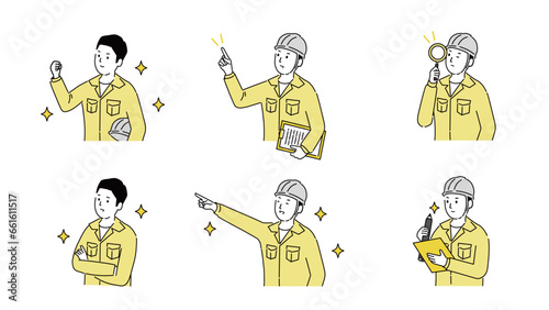 いろいろなポーズの若い作業服の男性イラストセット、ベクター