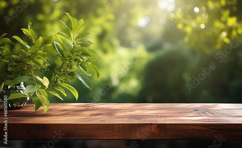 Wooden table and blurred green nature garden background.