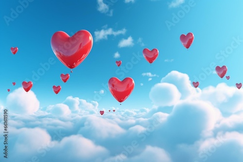 Illustration of heart-shaped balloons floating in the sky. Generative AI
