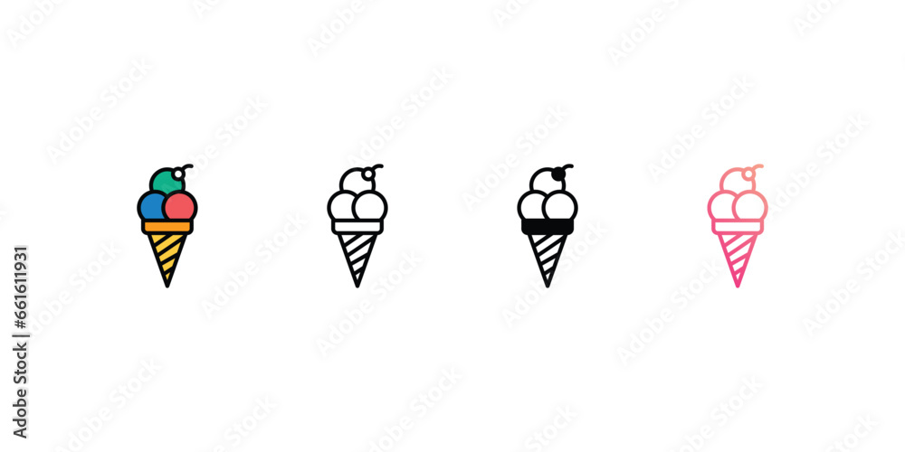 Ice Cream icons, color, line, glyph, gradient, Blue icon, Birthday party icon in five variations stock illustration.