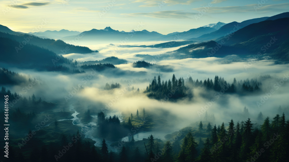 Fog-Kissed Pines: Aerial Panorama of Nature's Blanket