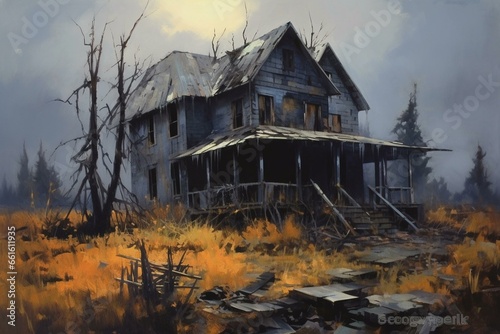 Spooky painting of decrepit wooden house. Generative AI